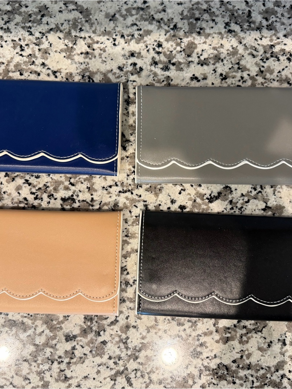 Scalloped Edge Trifold Wallets - Navy, Gray, Tan, Black